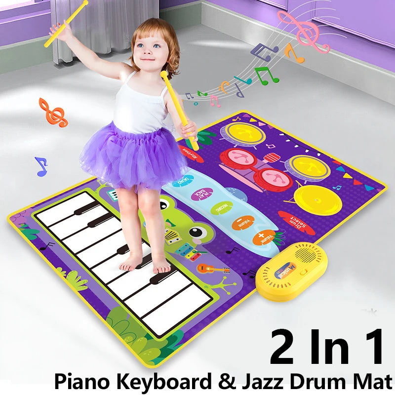2 In 1 Piano Mat for Kids Piano Keyboard & Jazz Drum Music Touch Play Carpet Baby Toddlers Music Instrument Education Toys Gift